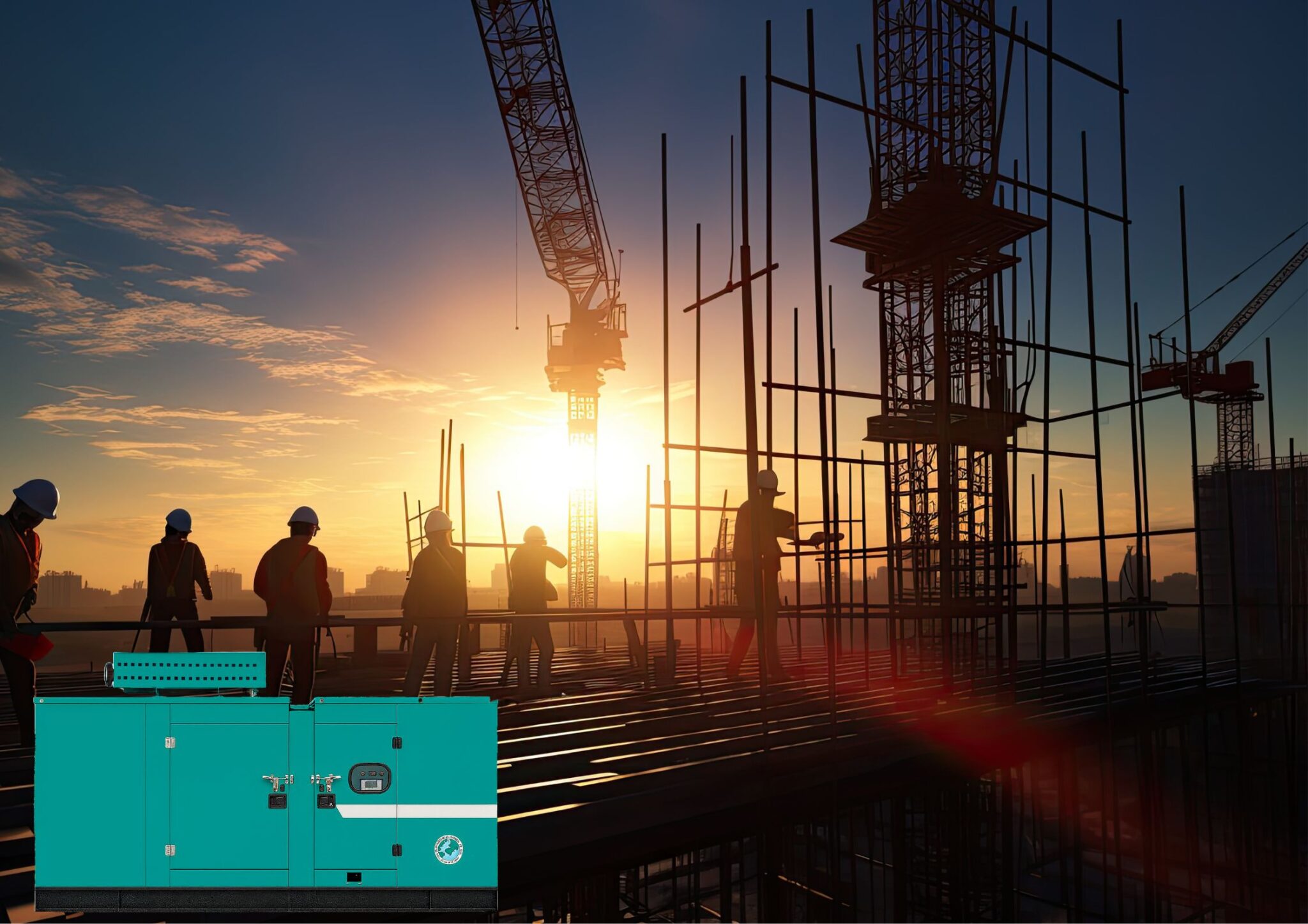 Diesel generator powering construction site at sunset - reliable industrial genset in use