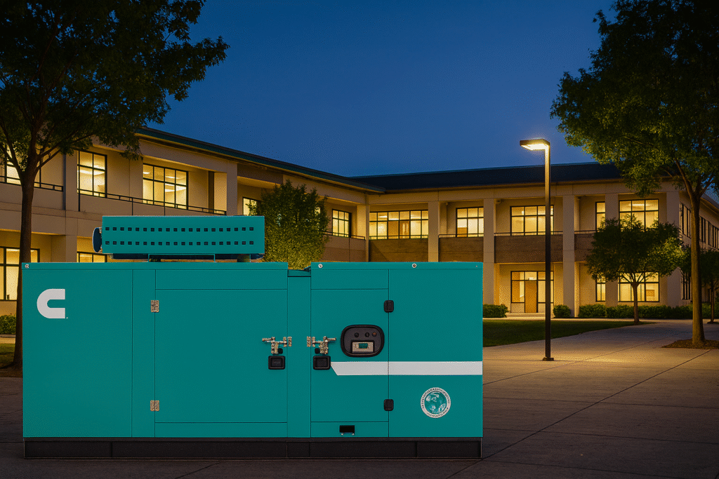 engineer inspecting used diesel generator with open canopy