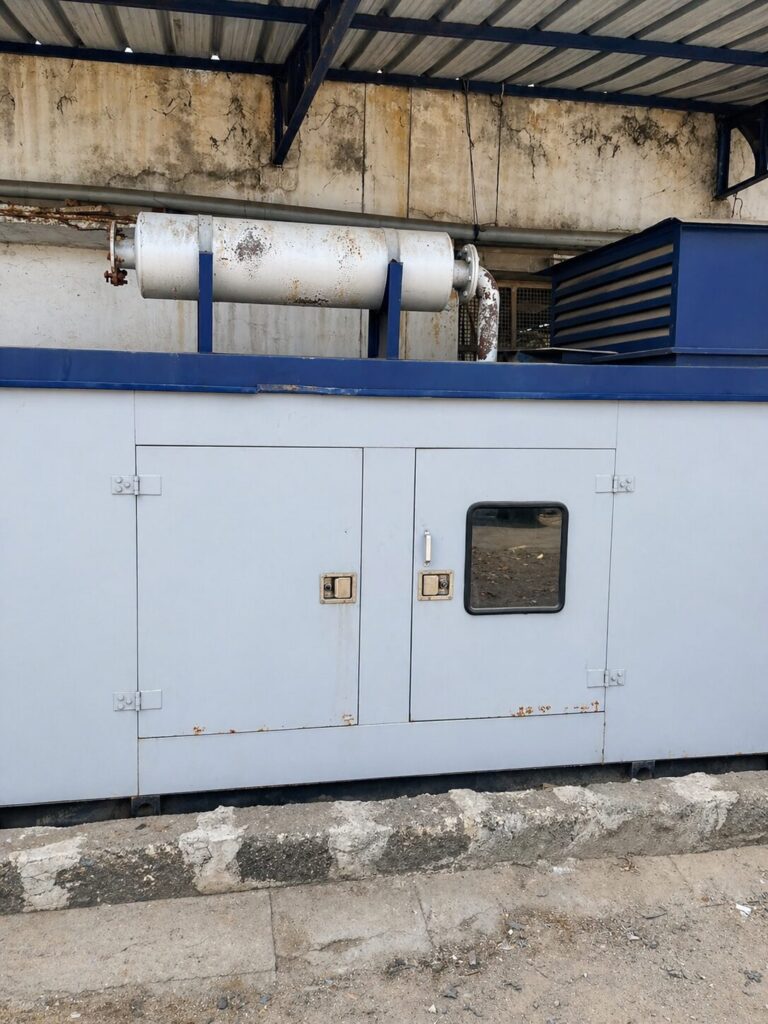 Used Ashok Leyland silent diesel generator installed outdoors with industrial enclosure