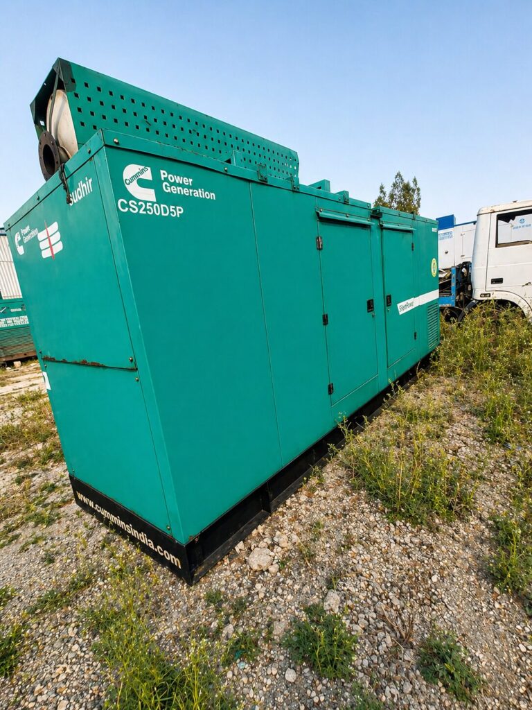 Used Cummins CS250D5P 250 kVA diesel generator with silent enclosure installed outdoors in industrial yard
